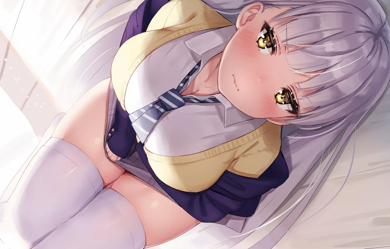 Photo wallpaper girl, sexy, blouse, school uniform, thighhighs, long hair, boobs, anime