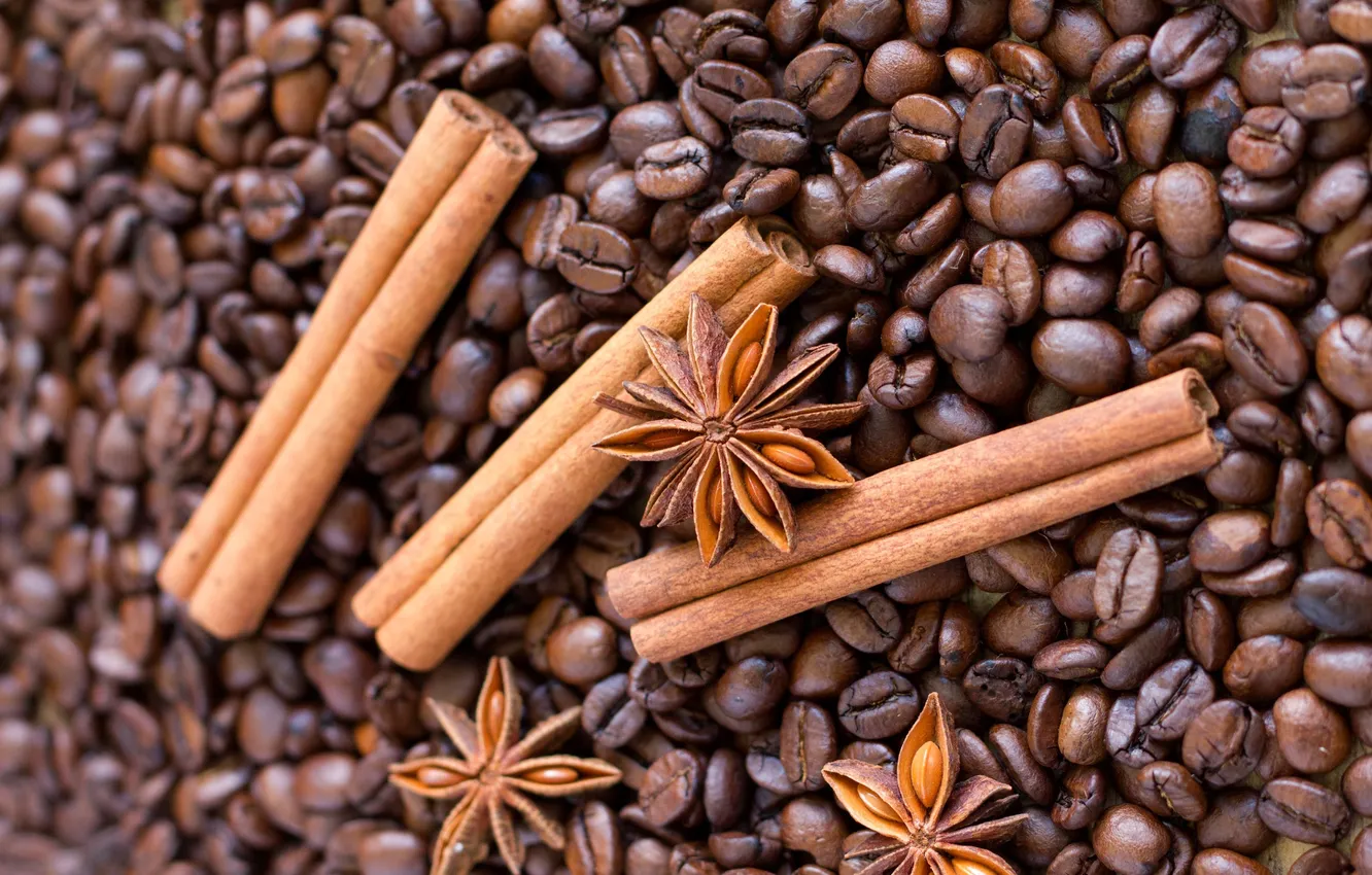 Photo wallpaper macro, coffee, grain, cinnamon, ginger