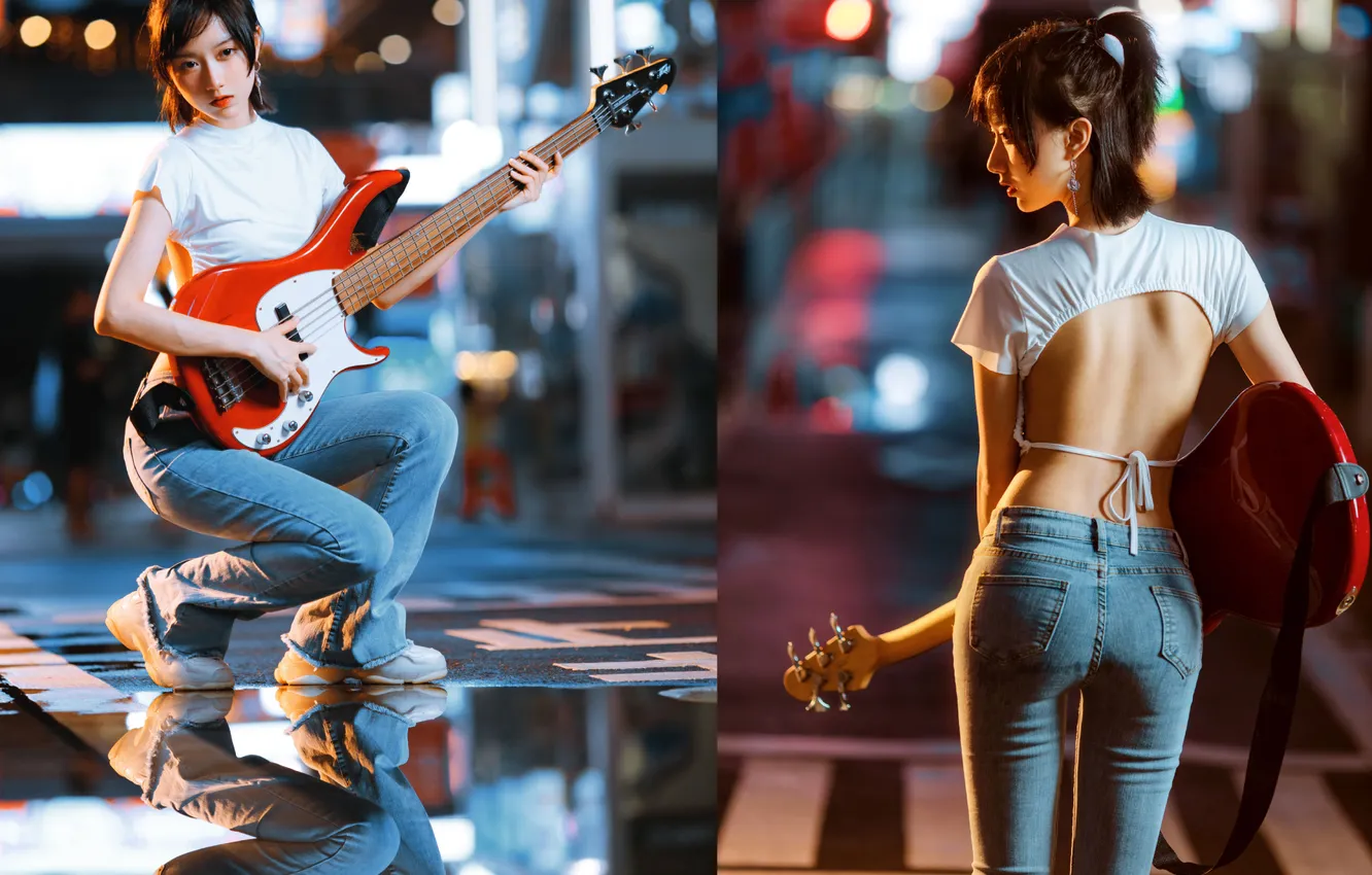 Photo wallpaper guitar, road, woman, water, beautiful, model, street, pretty