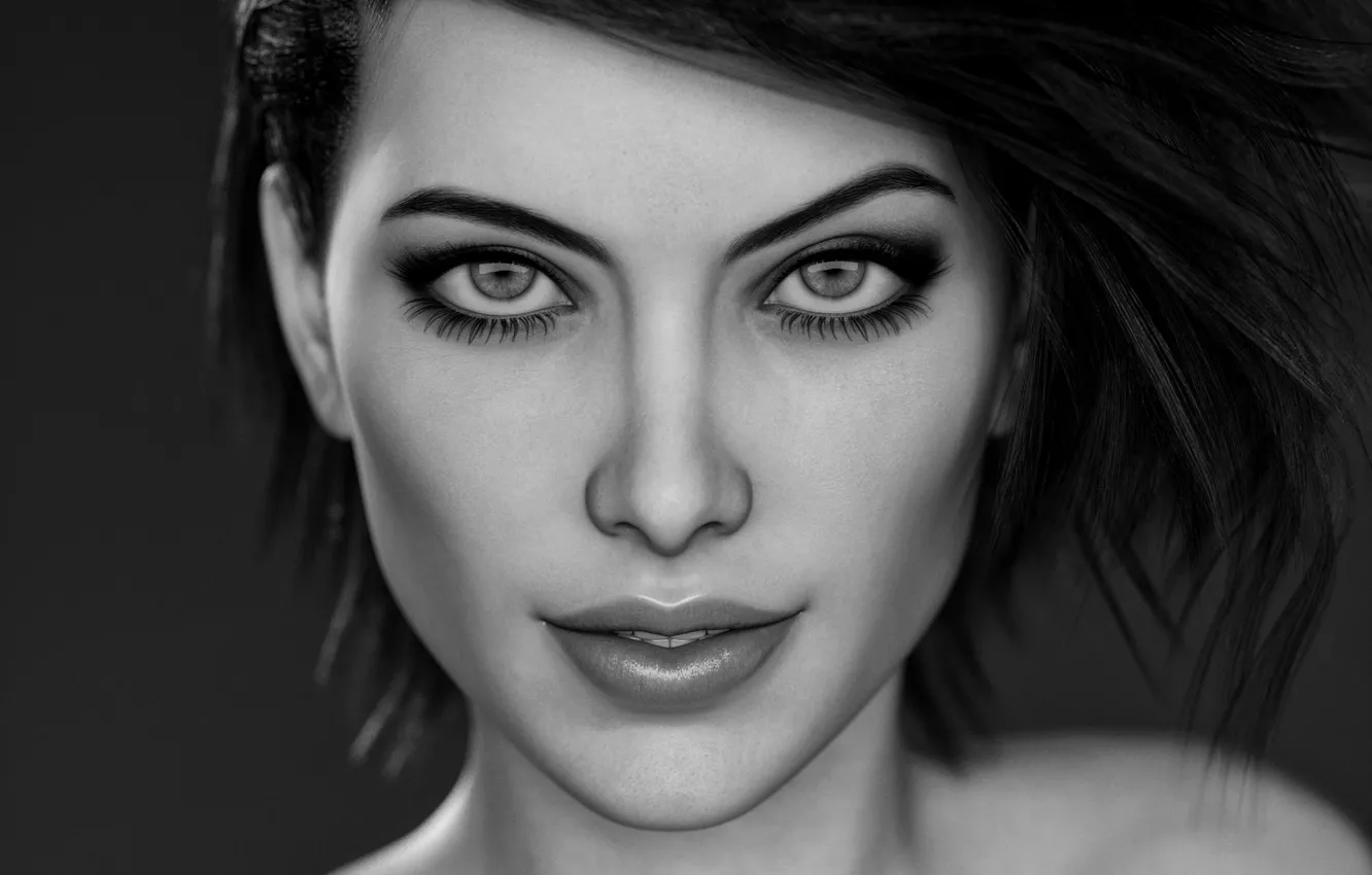 Photo wallpaper look, girl, face, rendering, beauty, white, black