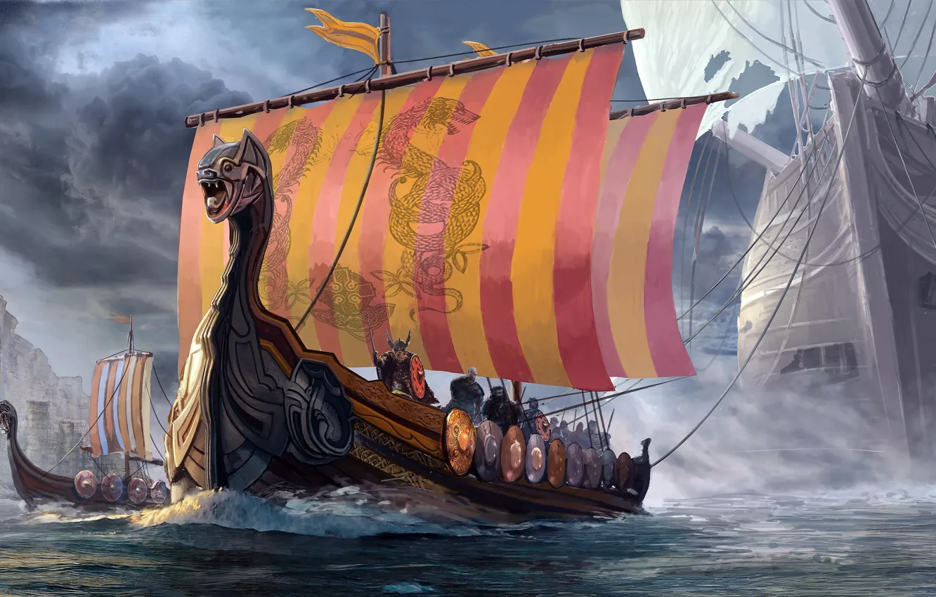 Photo wallpaper sea, wave, the sky, the Vikings, "ship-dragon", Drakkar, sailors