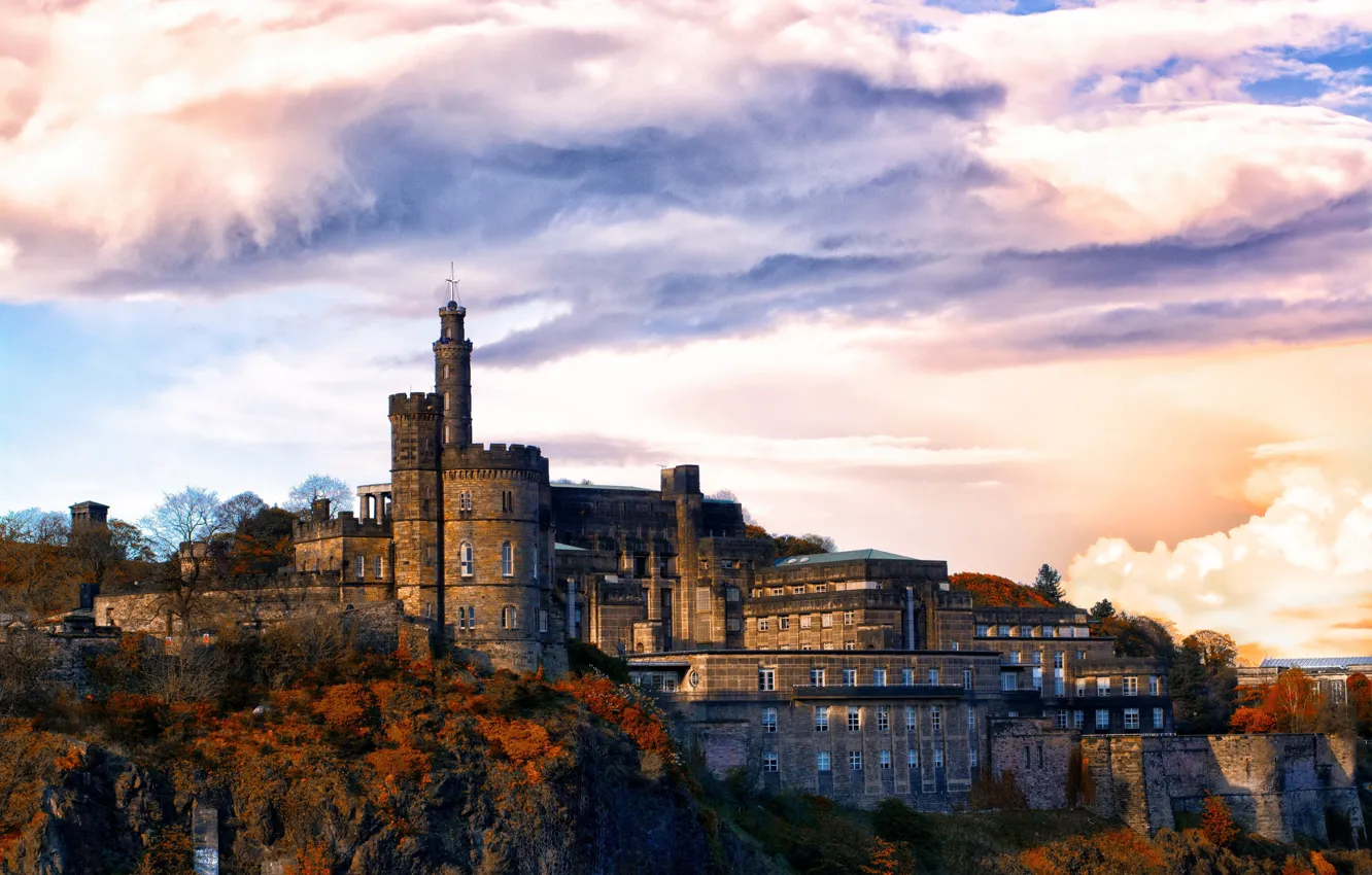 Photo wallpaper the sky, clouds, trees, stones, castle, wall, rocks, UK