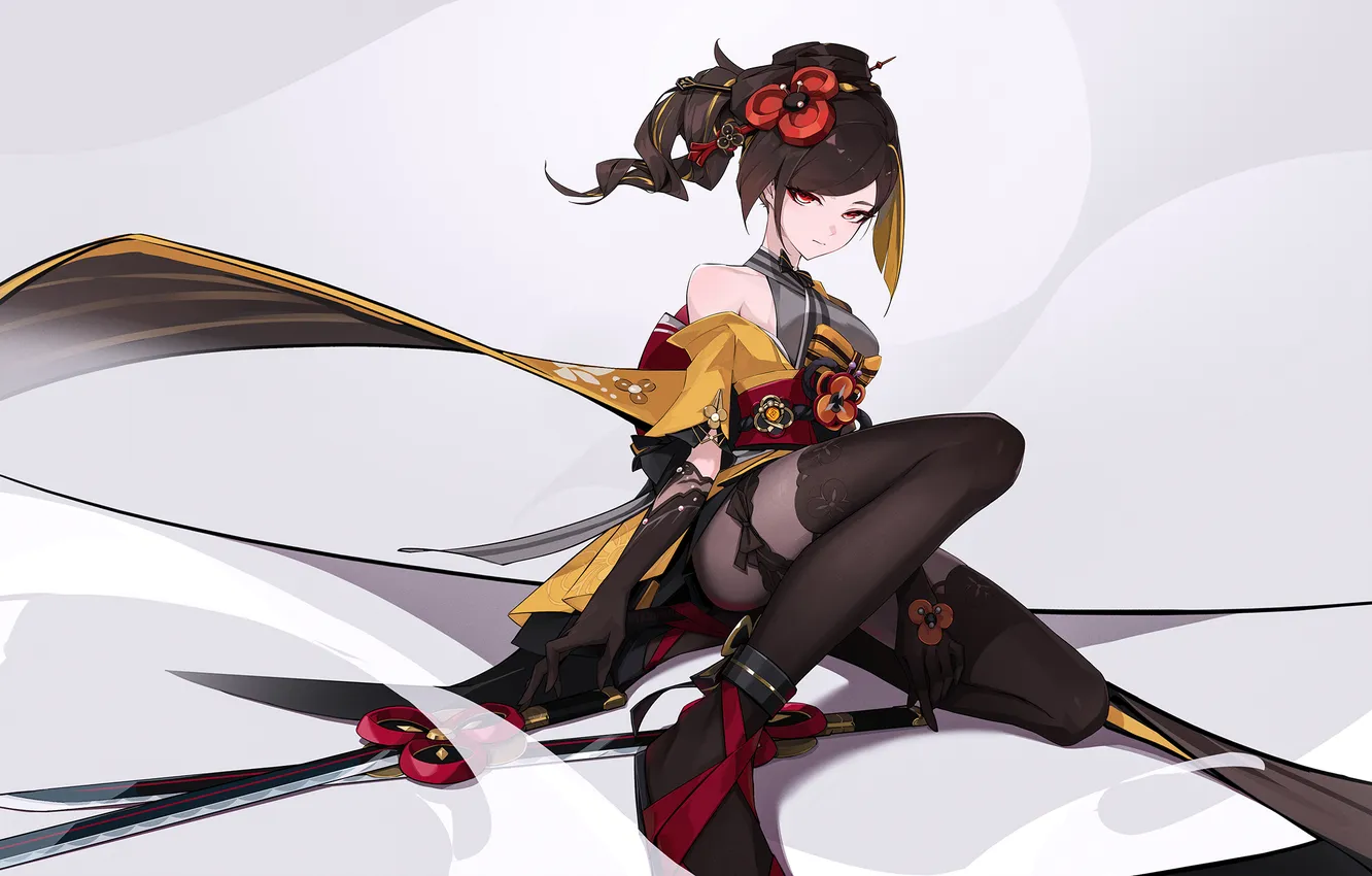 Photo wallpaper sword, red eyes, artwork, black hair, gloves, kimono, anime girls, Genshin Impact