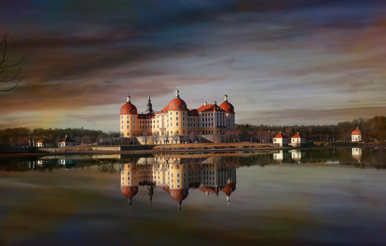 Photo wallpaper pond, reflection, castle, the evening, Germany, Moritzburg