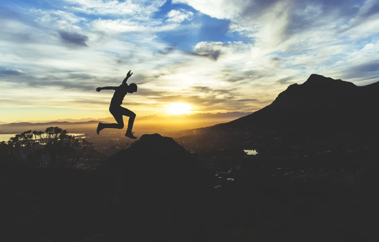 Photo wallpaper clouds, sunset, mountains, nature, sunrise, jump, people, adventure