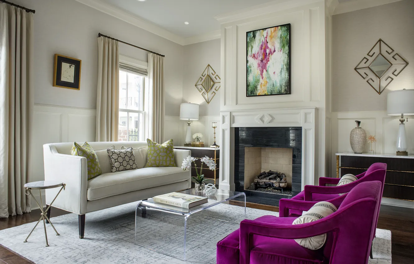 Photo wallpaper design, sofa, chair, fireplace, living room