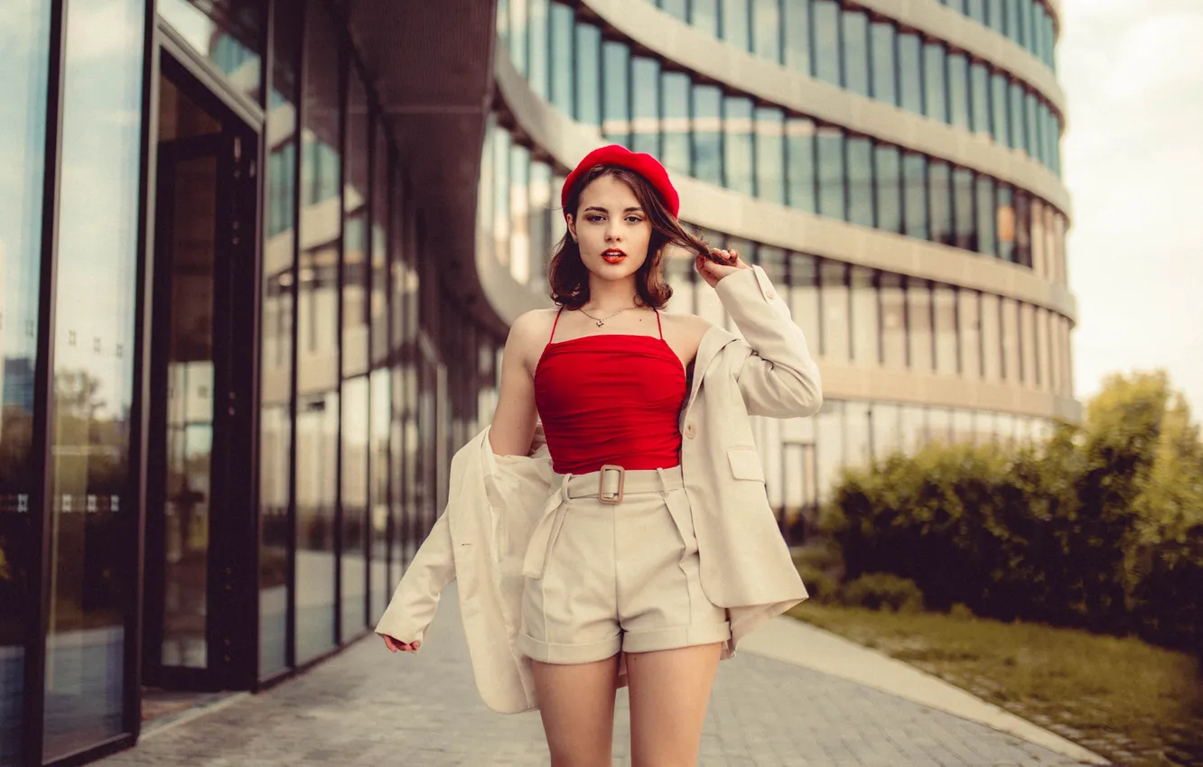Photo wallpaper look, pose, model, shorts, the building, portrait, makeup, Mike