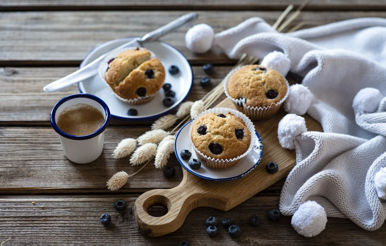 Photo wallpaper berries, coffee, blueberries, cupcakes