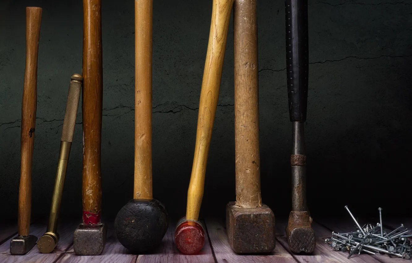 Photo wallpaper hammer, nails, sledgehammer