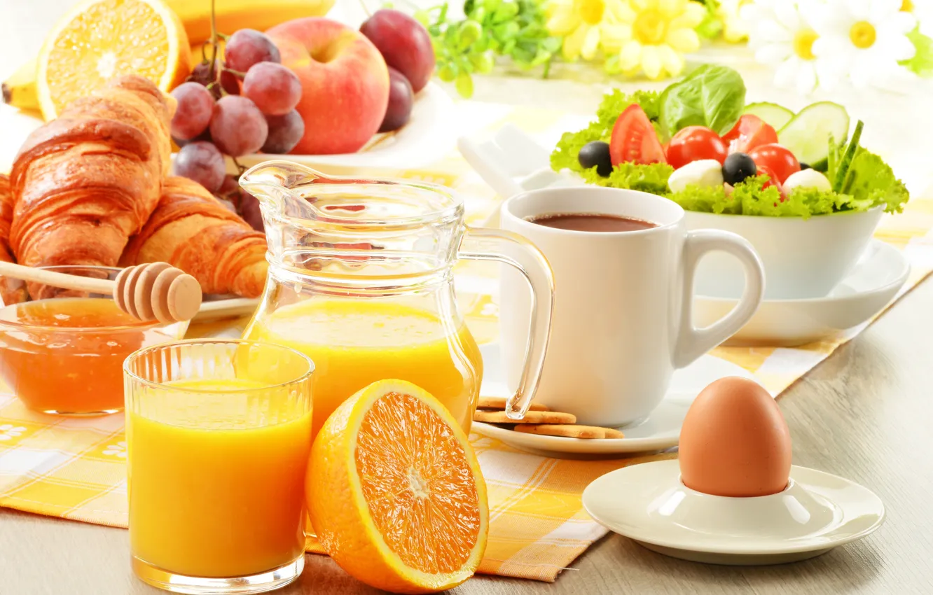 Photo wallpaper glass, apples, orange, eggs, cookies, honey, plate, grapes