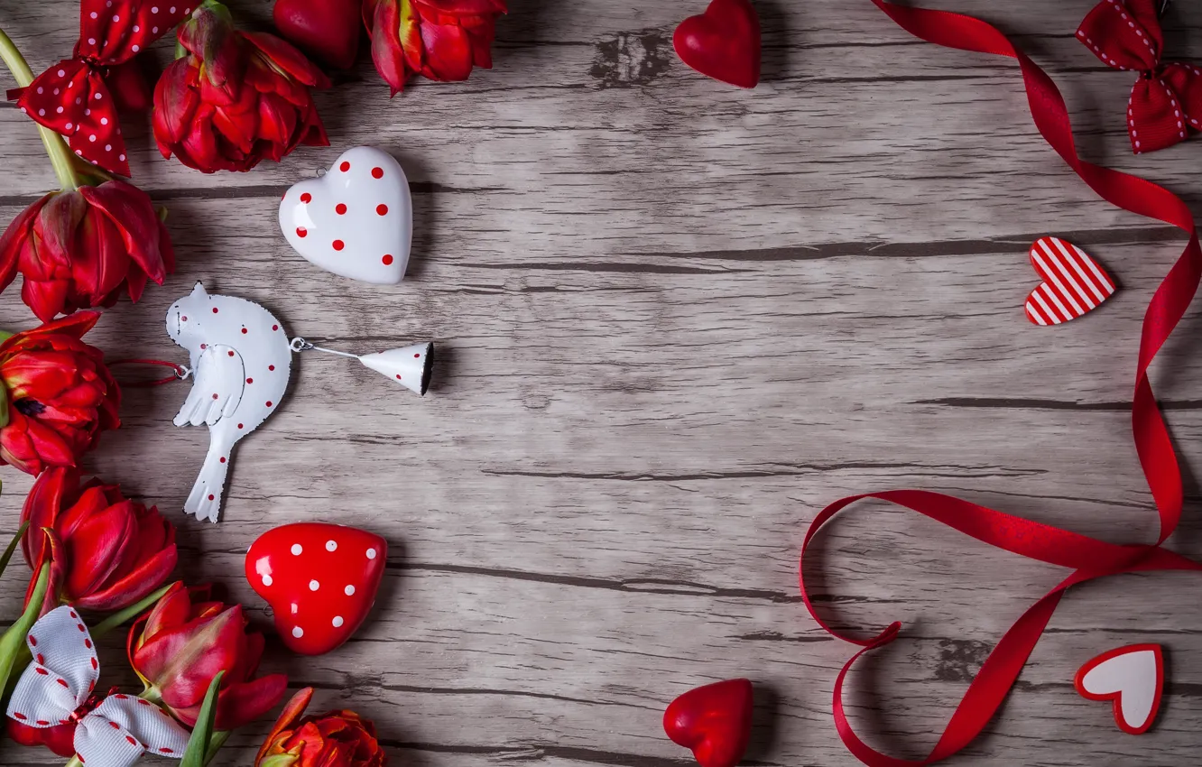 Photo wallpaper love, flowers, gift, hearts, tulips, red, love, wood