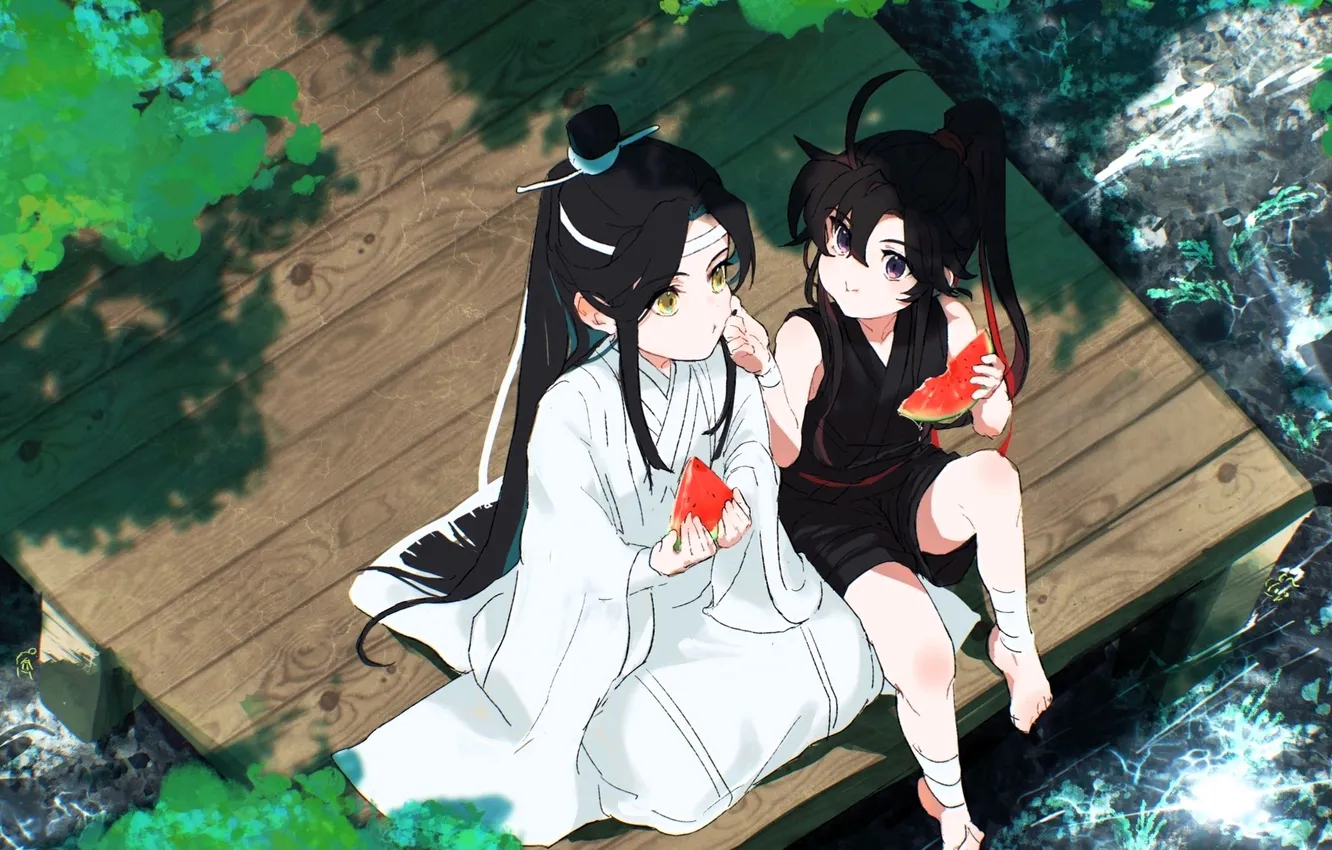 Photo wallpaper greens, children, lake, watermelon, pier, Mo Dao Zu Shi, Lan Wangji, Wei Wuxian