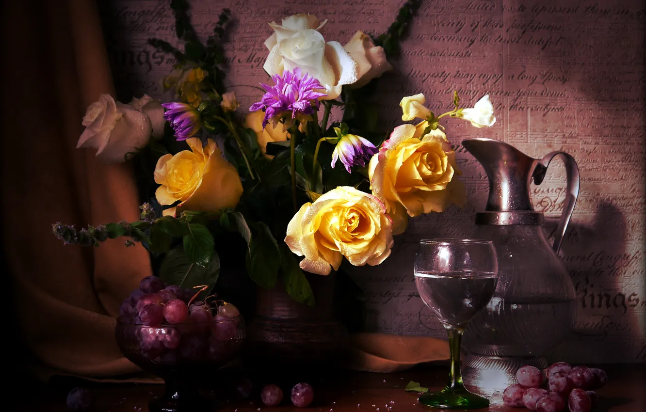 Photo wallpaper photo, Flowers, Glasses, Vase, Roses, Grapes, Still life, Peonies