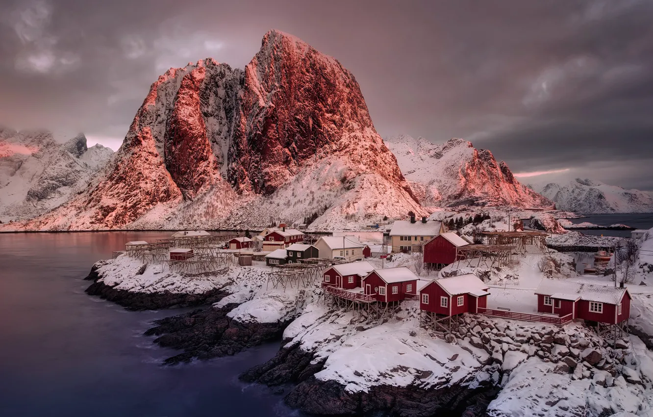 Photo wallpaper winter, snow, mountains, clouds, Norway, Bay, houses, Pure