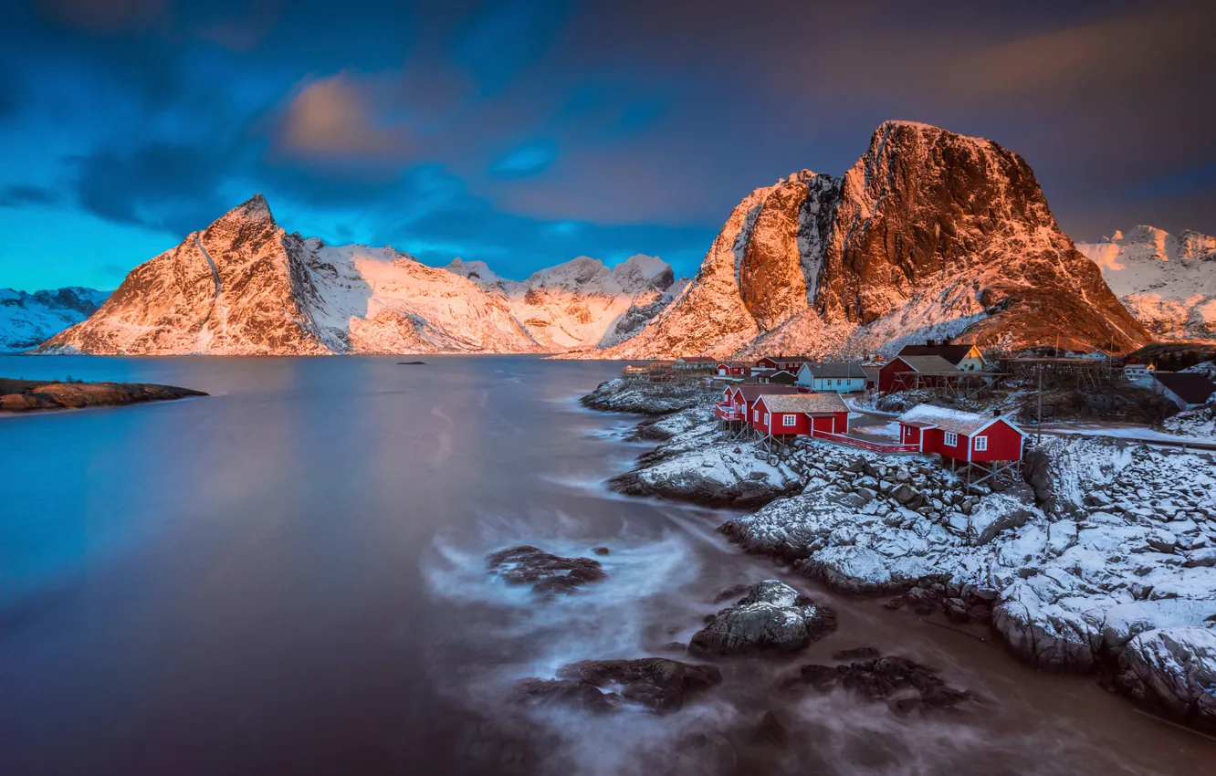 Photo wallpaper winter, light, snow, mountains, morning, Norway, town, settlement