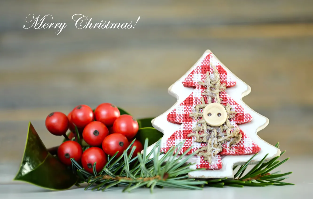 Photo wallpaper berries, new year, herringbone, spruce branch