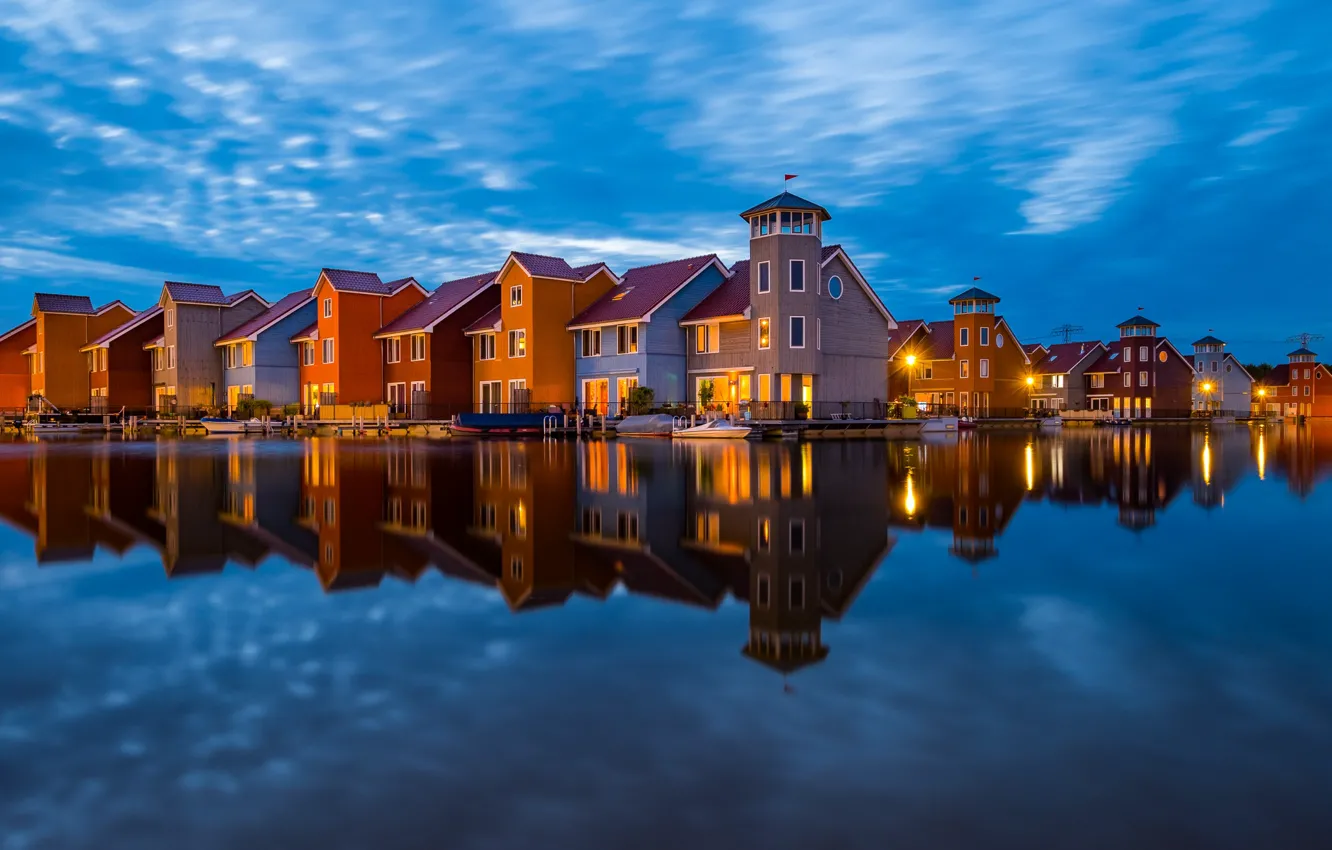 Photo wallpaper water, reflection, building, home, Netherlands, Groningen, Groningen, The Netherlands