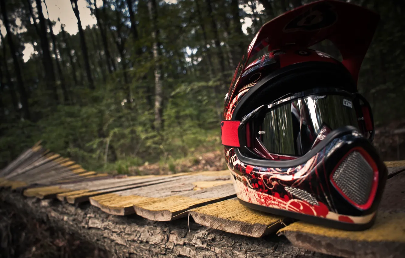 Photo wallpaper forest, track, helmet, mount Biking