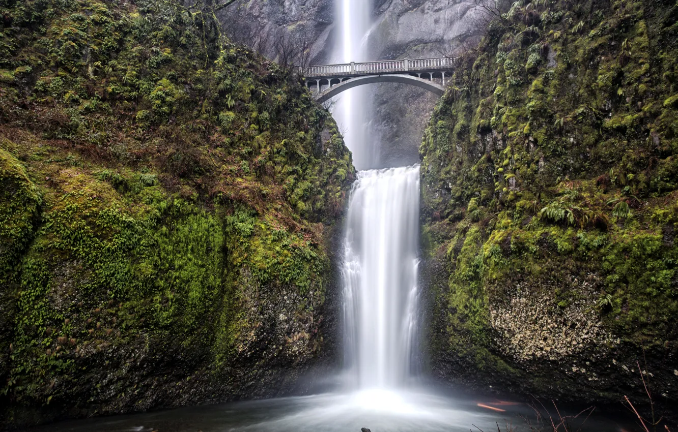 Photo wallpaper bridge, rock, waterfall, USA, Oregon, Portland, Multnomah Falls