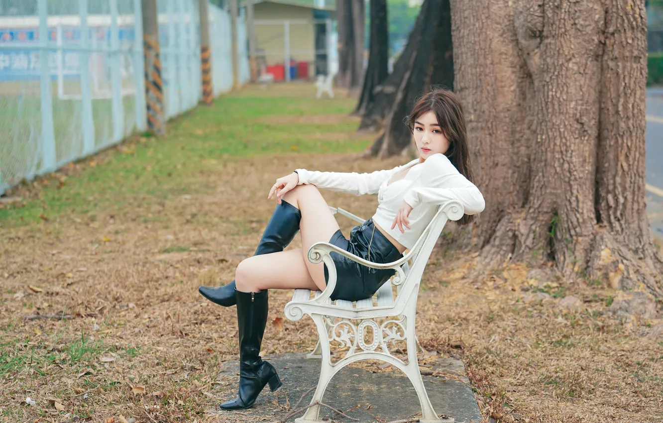 Photo wallpaper trees, pose, model, skirt, portrait, boots, makeup, figure