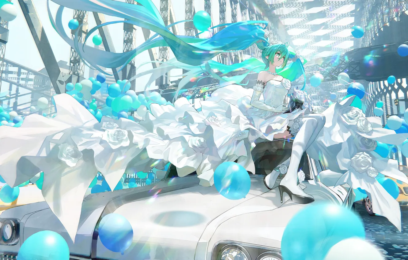 Photo wallpaper auto, girl, balls, bouquet, vocaloid, hatsune miku, wedding dress