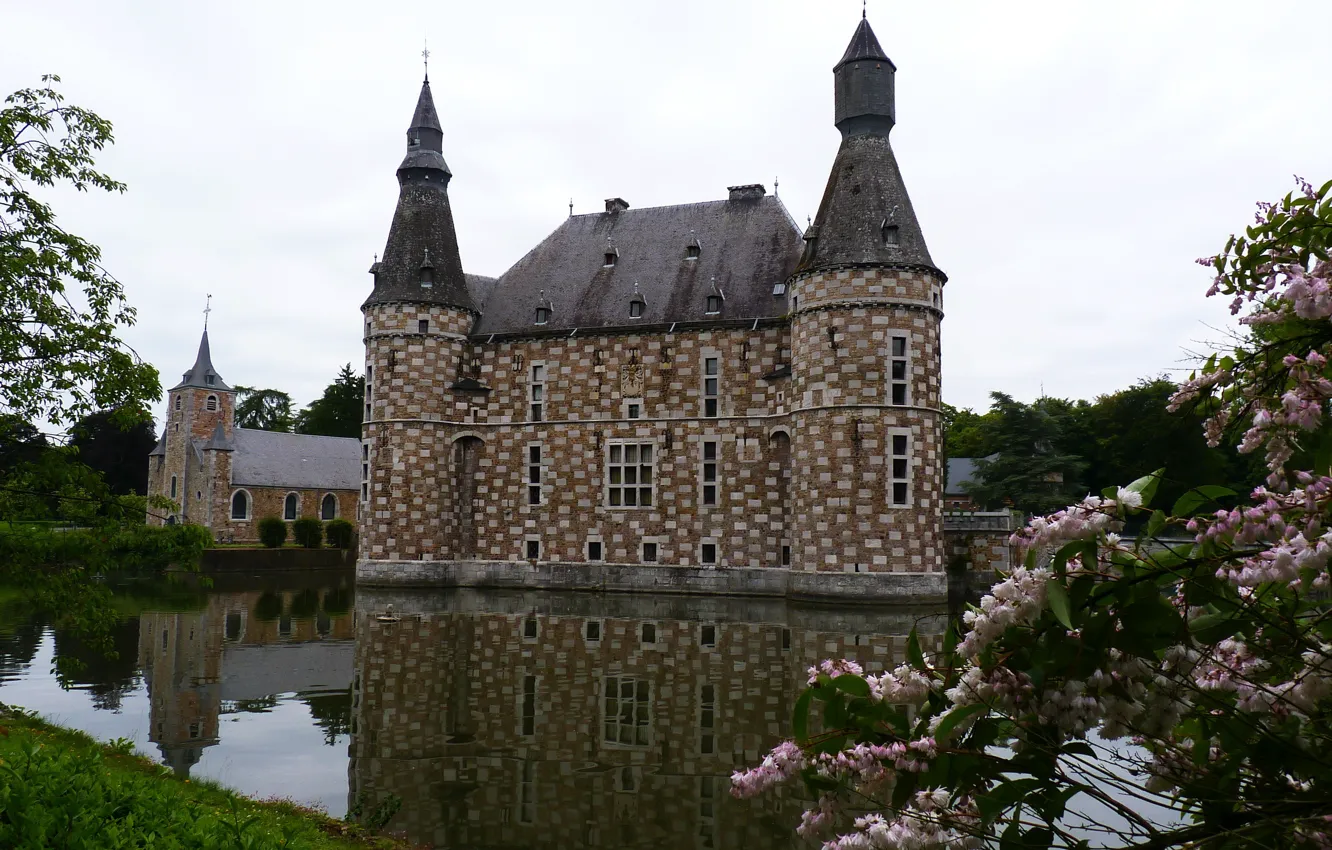 Photo wallpaper the city, pond, castle, Belgium, Jehay