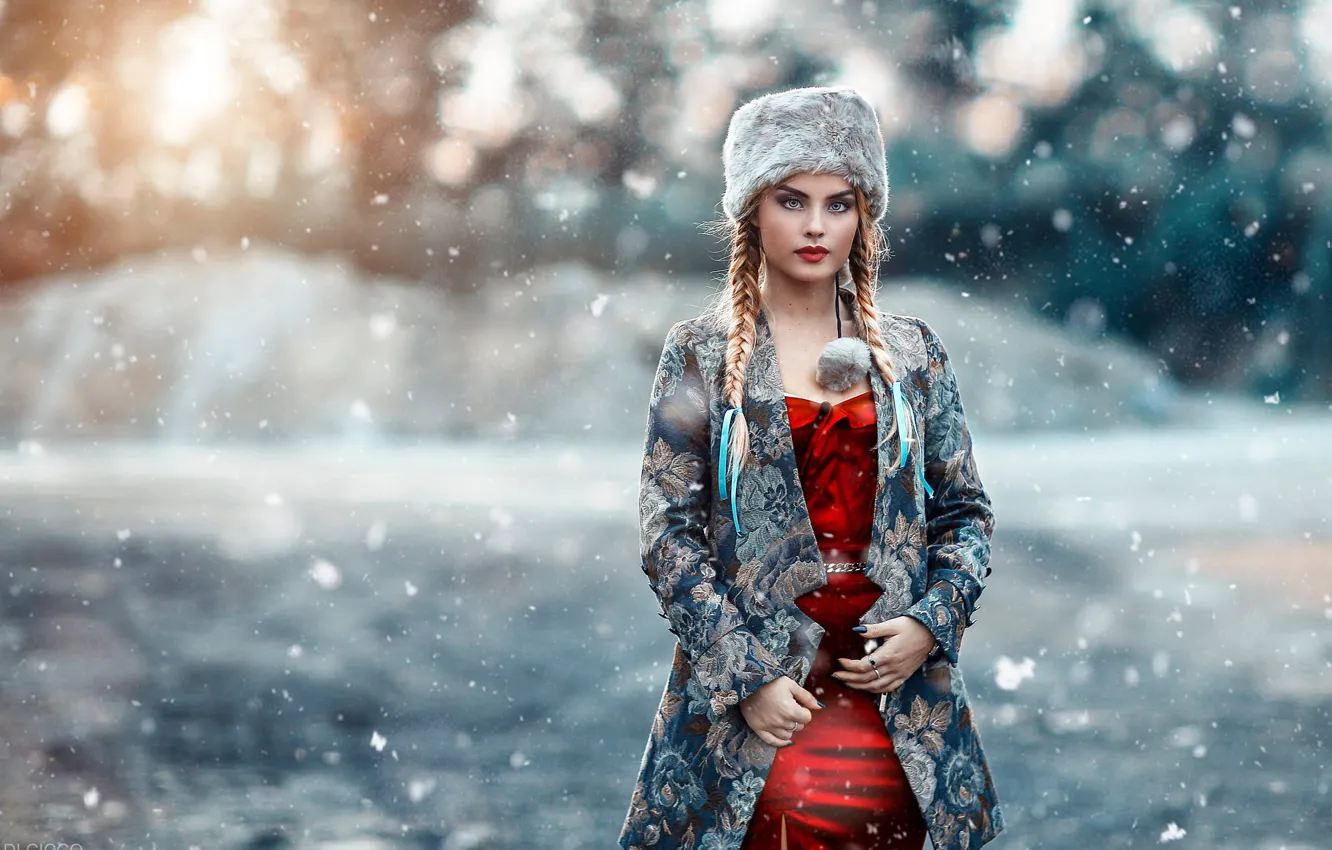 Photo wallpaper winter, look, girl, snow, braids, Alessandro Di Cicco