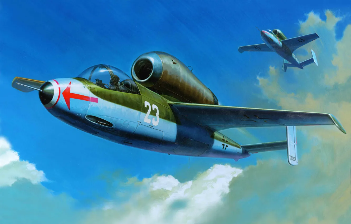 Photo wallpaper the plane, art, interceptor, Heinkel, WW2., He-162, Salamander, turbojet