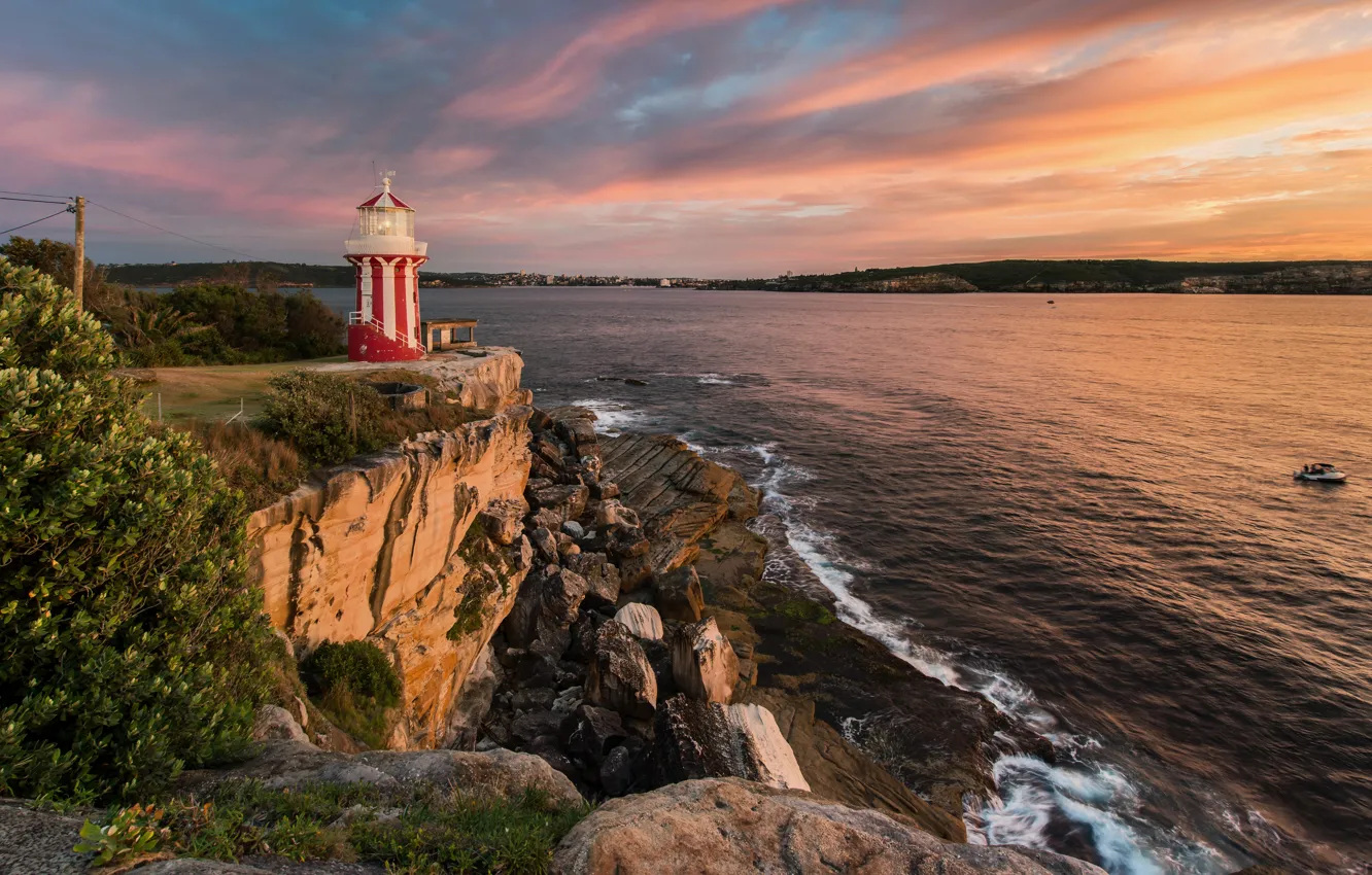 Photo wallpaper sea, sunset, stones, rocks, coast, lighthouse, home, the evening