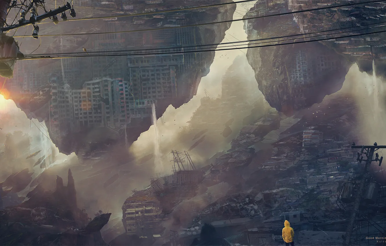 Photo wallpaper the city, rocks, dawn, people, waterfall, art, flying, wire. power lines