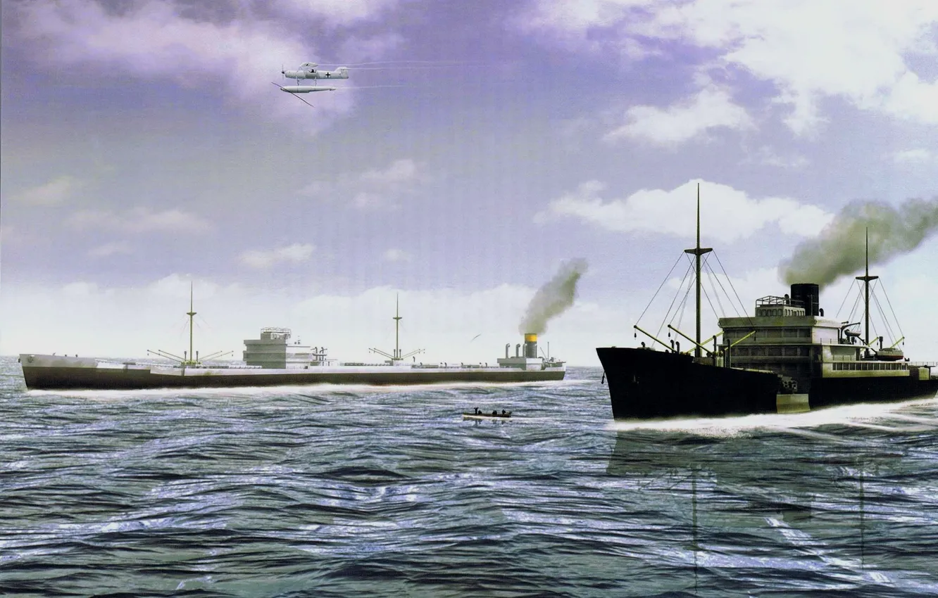 Photo wallpaper sea, the sky, figure, art, tanker, the convoy, German, single-engine
