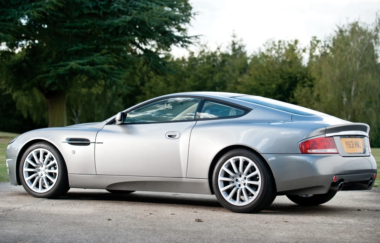 Photo wallpaper background, Aston Martin, silver, Aston Martin, supercar, rear view, the bushes, V12