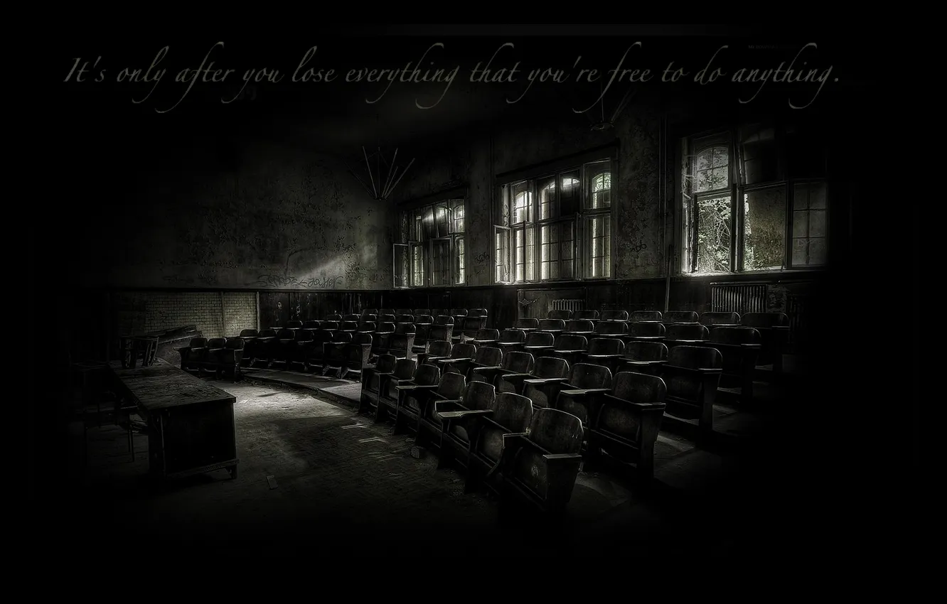 Photo wallpaper table, the inscription, window, chair, abandoned, audience
