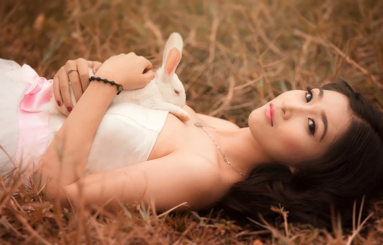 Photo wallpaper white, look, hare, rabbit, dress, brunette, Asian, sundress