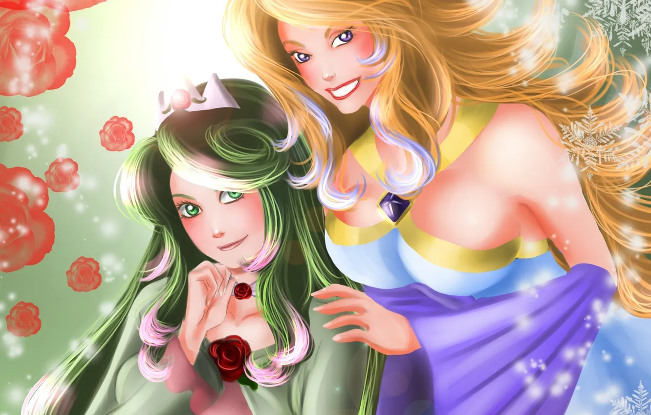 Photo wallpaper girl, snowflakes, roses