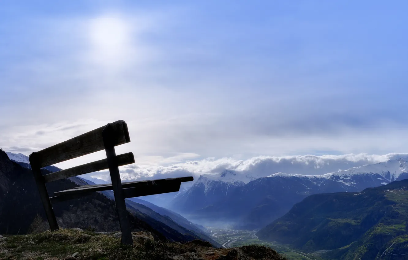 Photo wallpaper the sky, the sun, landscape, mountains, bench