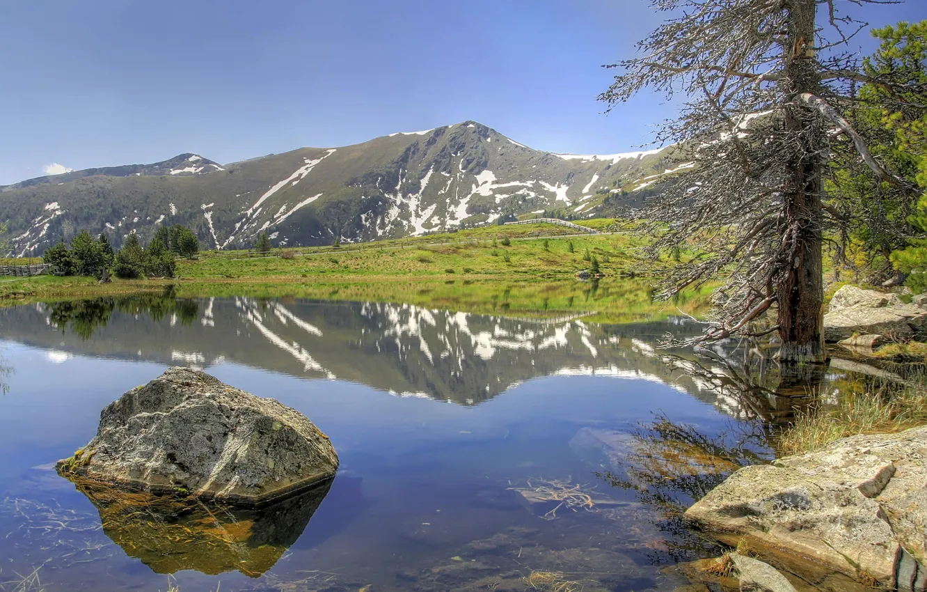 Photo wallpaper landscape, mountains, lake, reflection, tree, stone, Nature