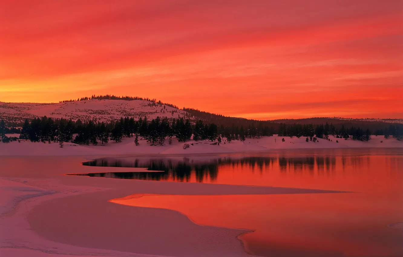 Photo wallpaper FOREST, NATURE, MOUNTAINS, The SKY, ICE, SNOW, SUNSET, POND