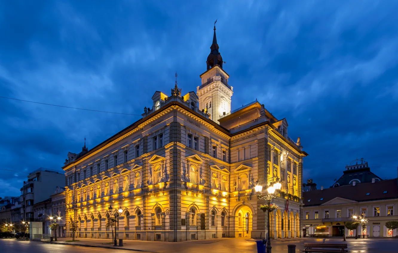 Photo wallpaper night, lights, street, home, lights, architecture, Serbia, Novi Sad