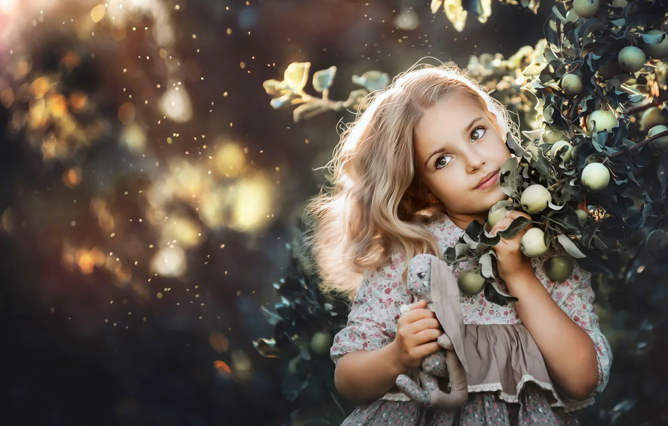 Photo wallpaper look, branches, face, background, mood, apples, toy, portrait