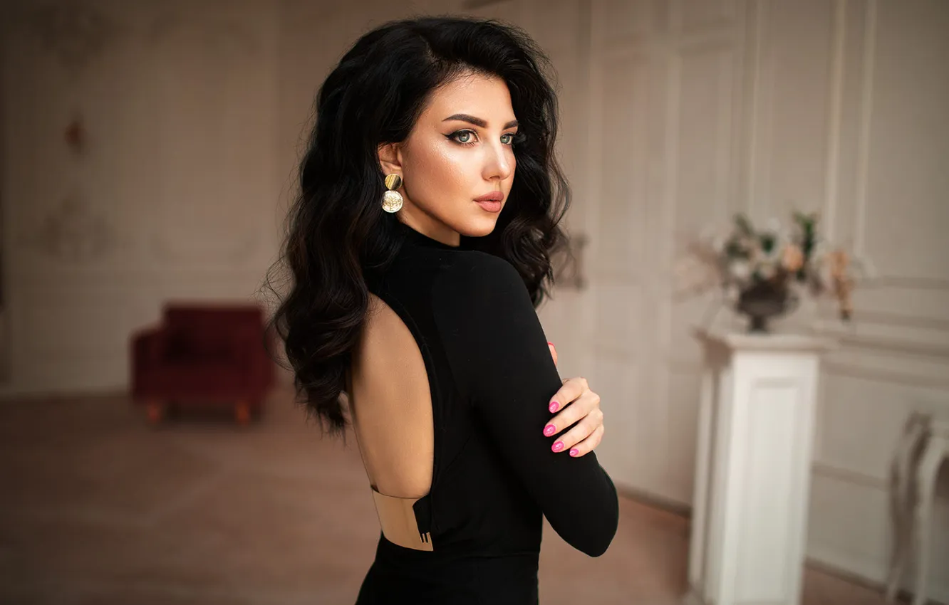 Photo wallpaper look, girl, black, hair, dress, hairstyle, neckline, earrings