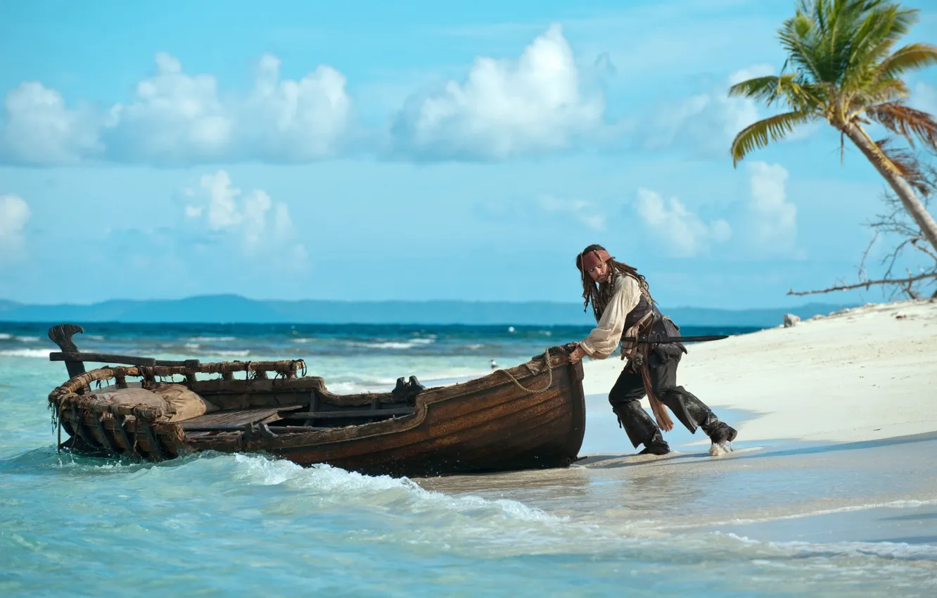 Photo wallpaper coast, boat, Johnny Depp, captain Jack Sparrow, Pirates of the Caribbean: On stranger tides, Pirates …