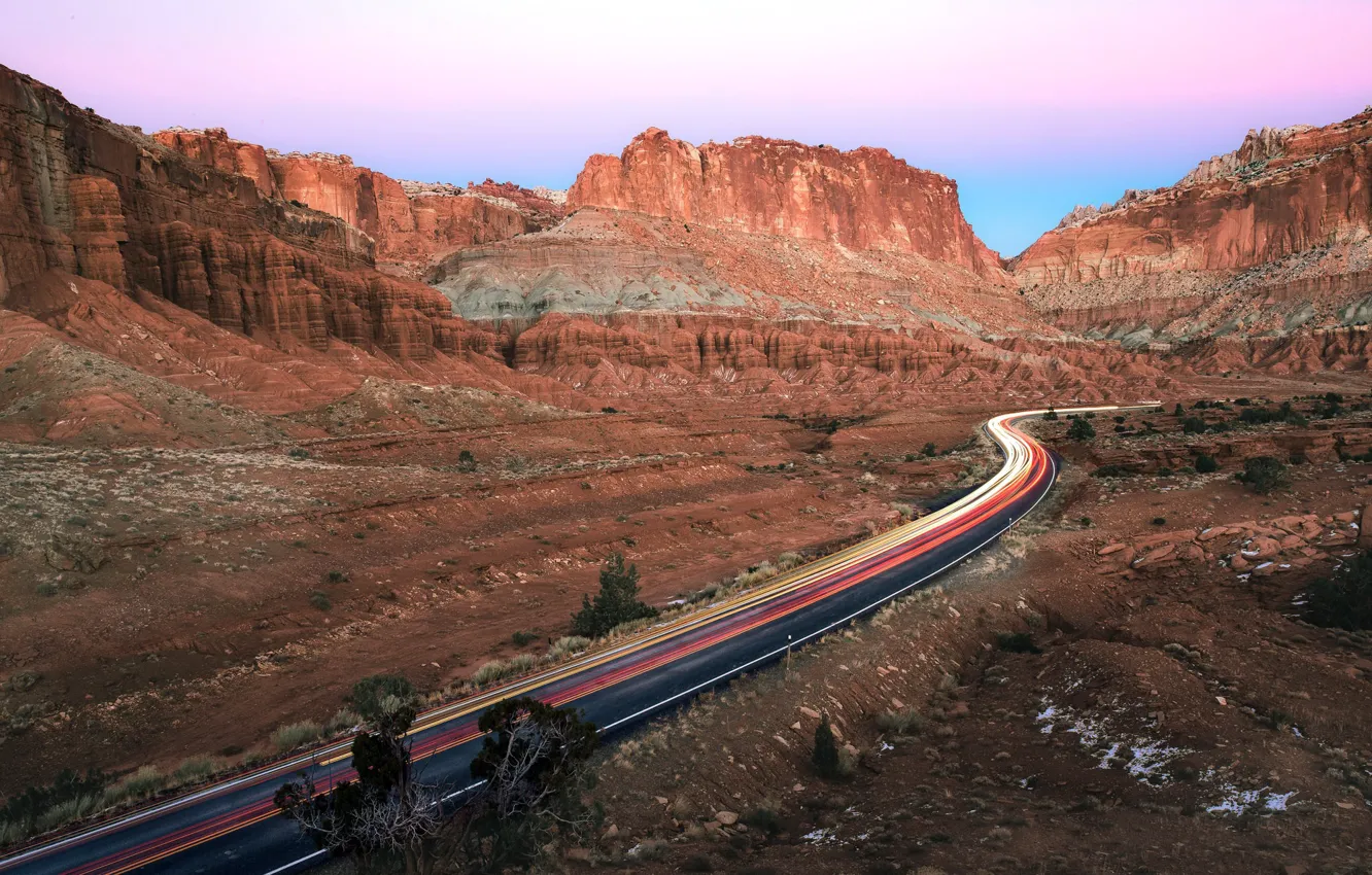 Photo wallpaper road, mountains, lights