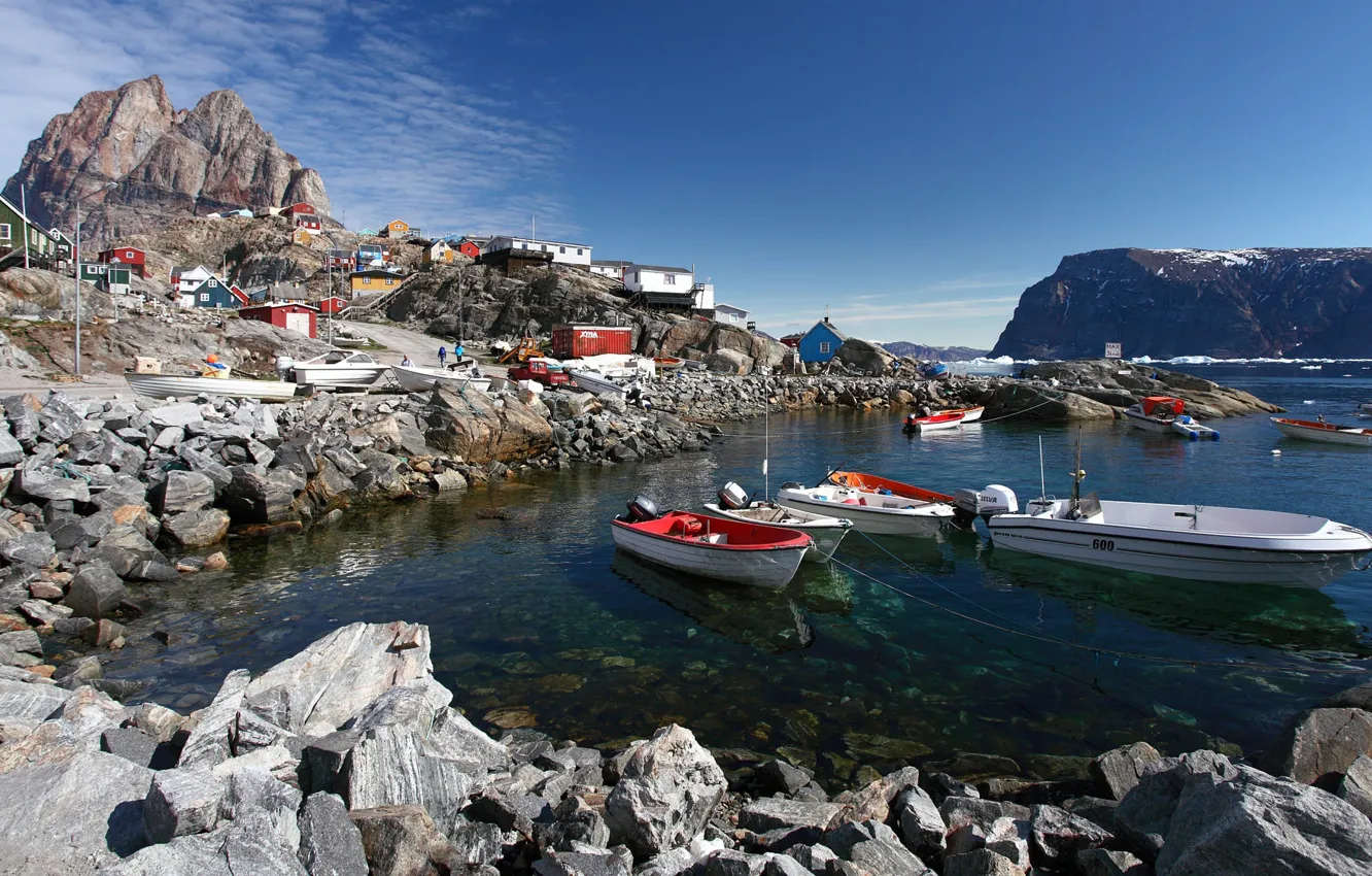Photo wallpaper sea, landscape, mountains, nature, the city, rocks, shore, boat