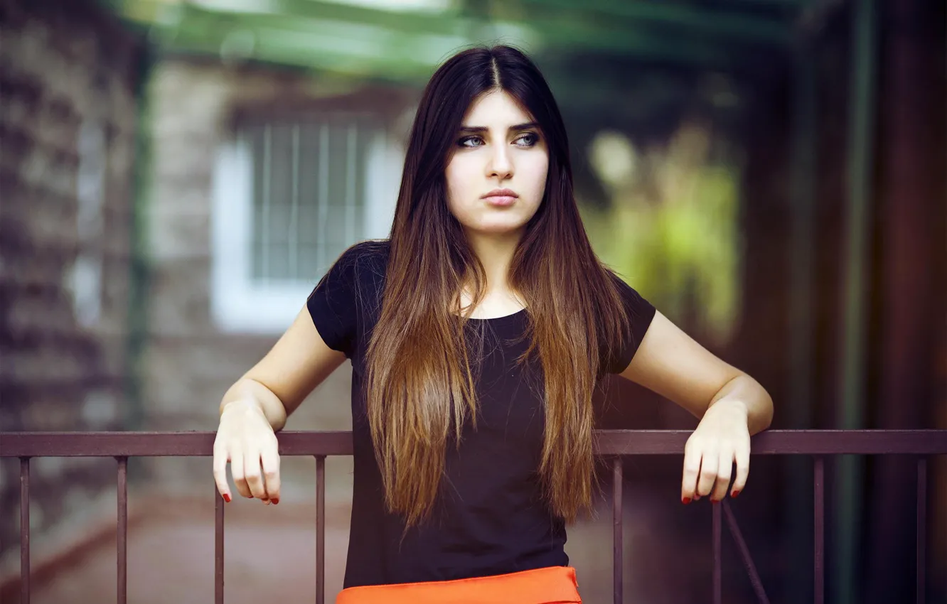 Photo wallpaper red, girl, woman, view, model, fence, hair, pants