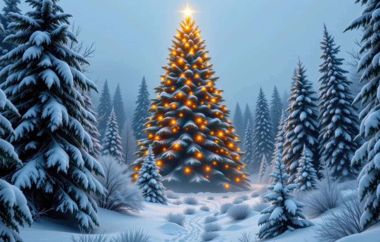 Photo wallpaper winter, frost, forest, balls, snow, lights, new year, Christmas