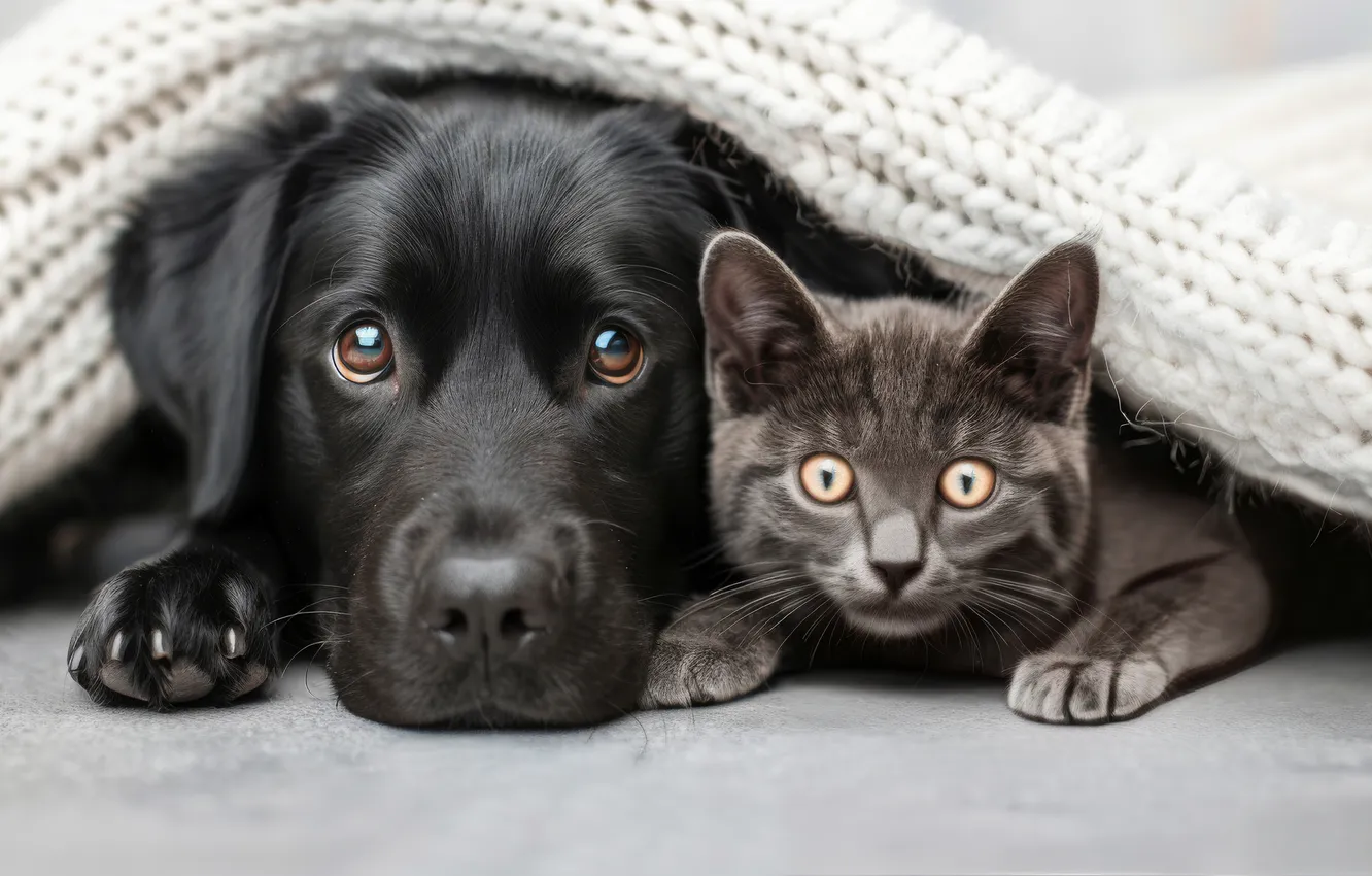 Photo wallpaper cat, cat, look, comfort, each, together, dog, lies