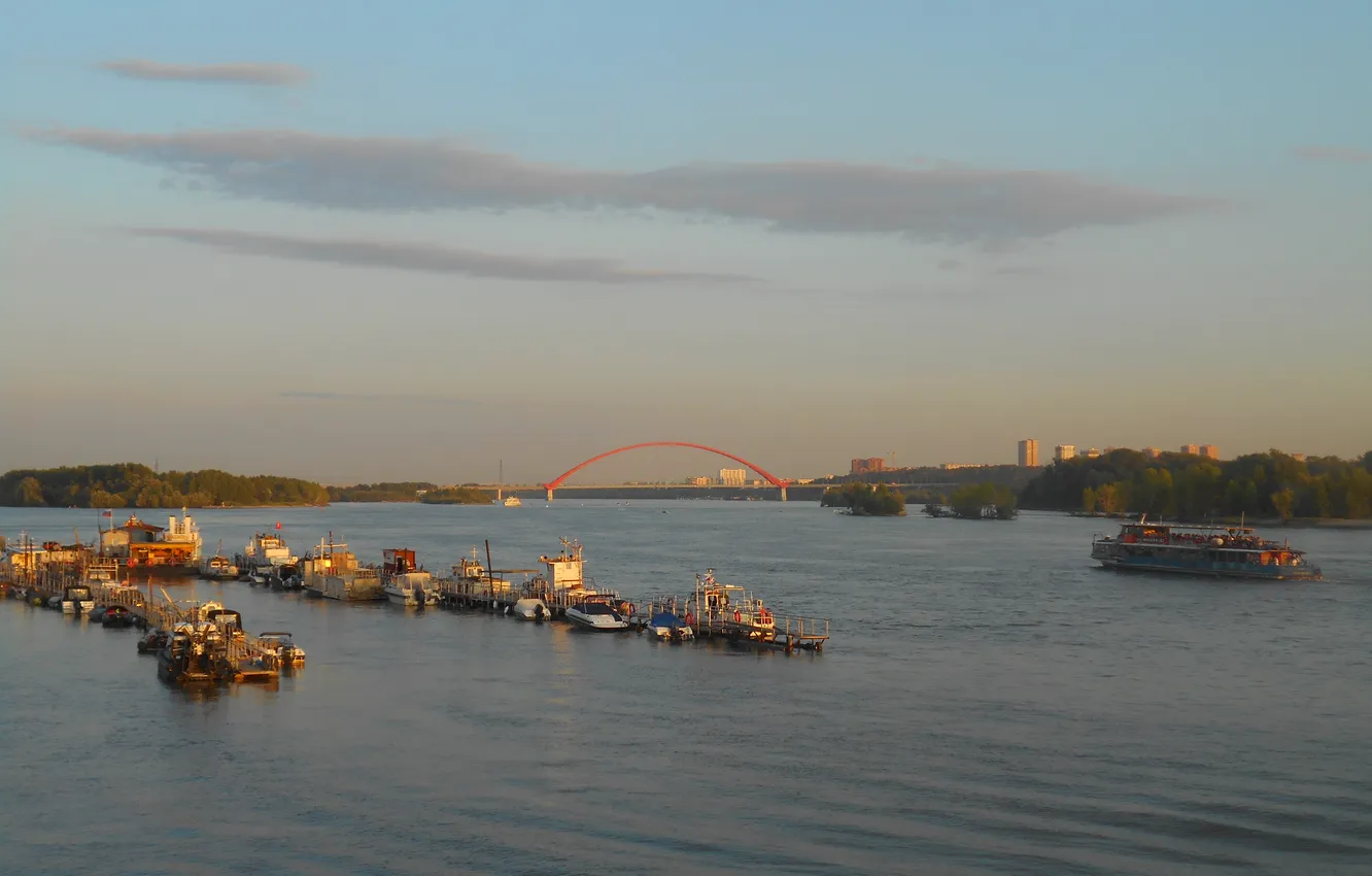 Photo wallpaper summer, the sky, bridge, the city, the evening, Russia, architecture, ship