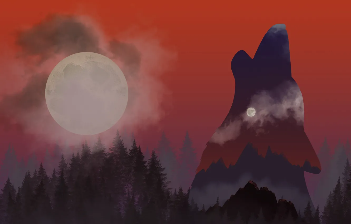 Photo wallpaper forest, mountains, the moon, figure, wolf
