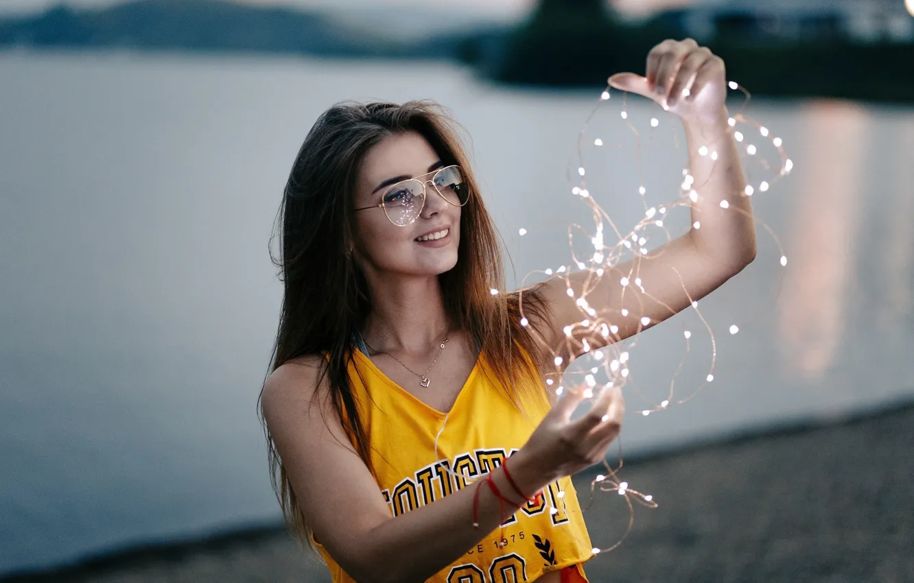 Photo wallpaper pose, smile, river, model, the evening, lights, makeup, Mike